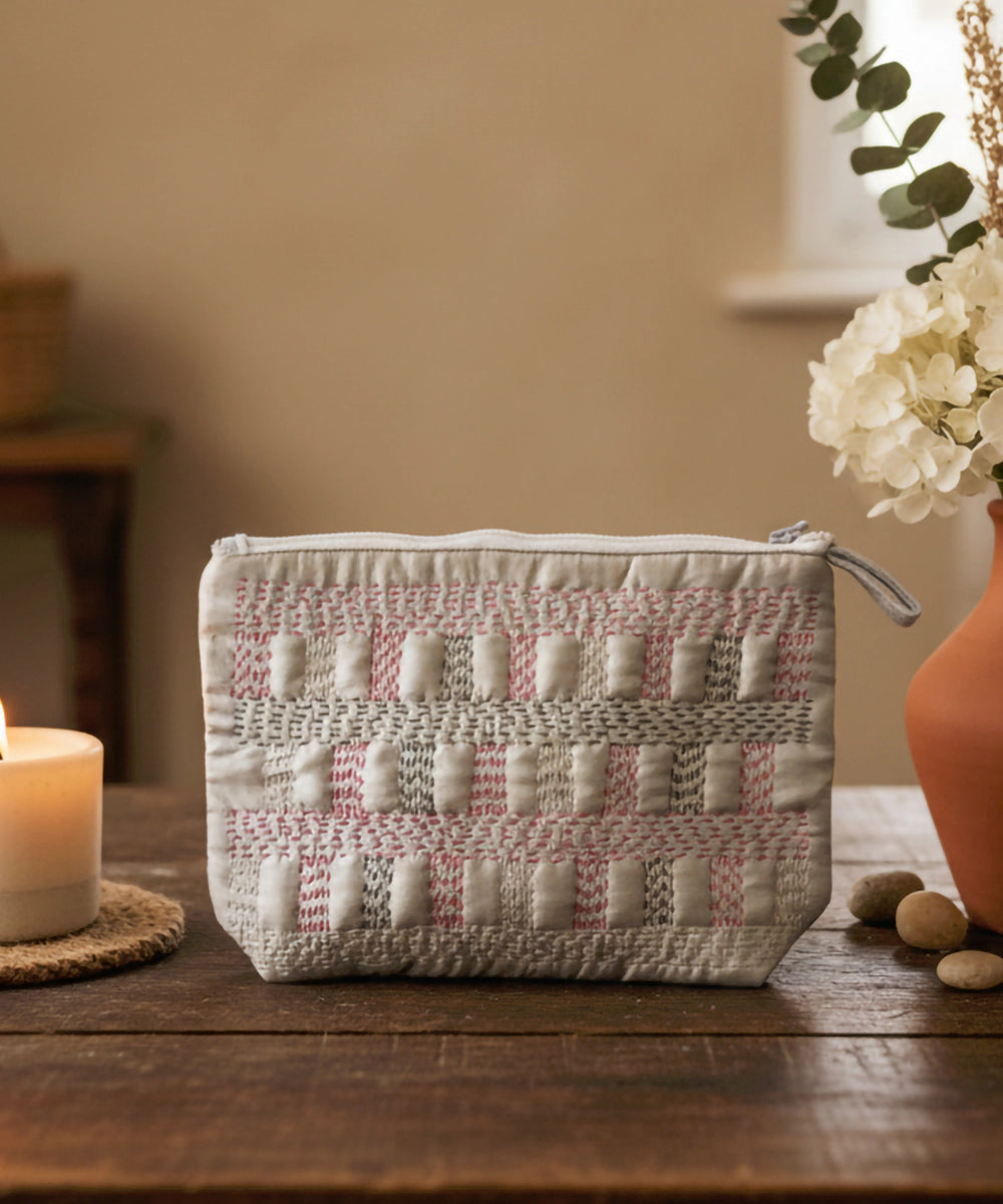 Beige Silk & Velvet Kantha Embroidered Utility Pouch
