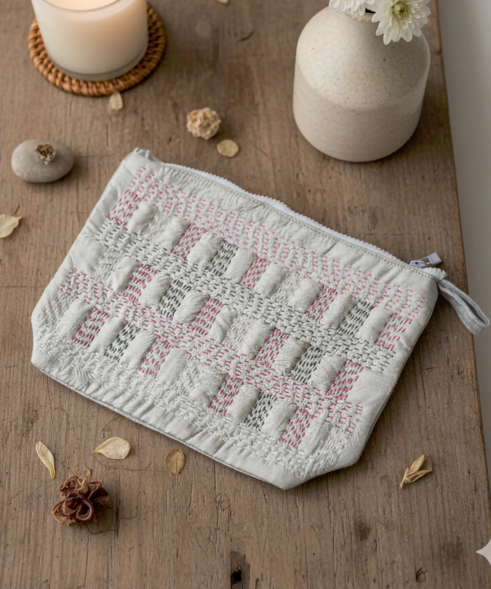 Beige Silk & Velvet Kantha Embroidered Utility Pouch