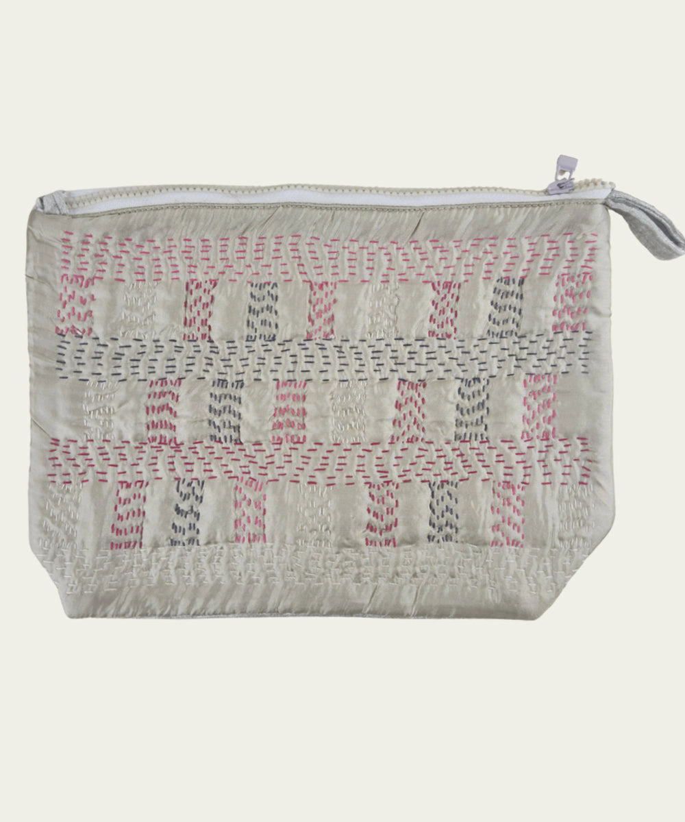 Beige Silk & Velvet Kantha Embroidered Utility Pouch