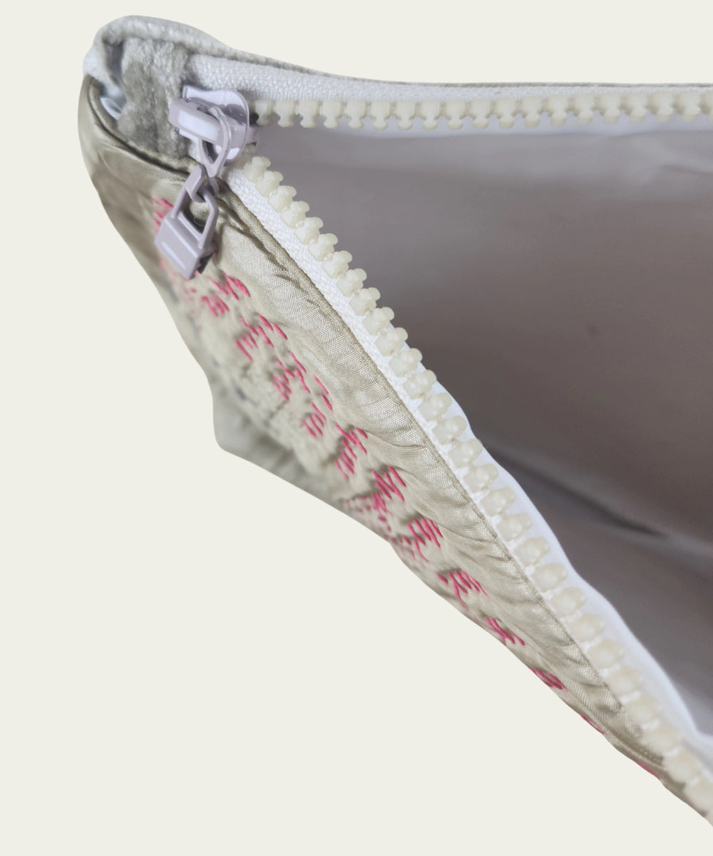 Beige Silk & Velvet Kantha Embroidered Utility Pouch