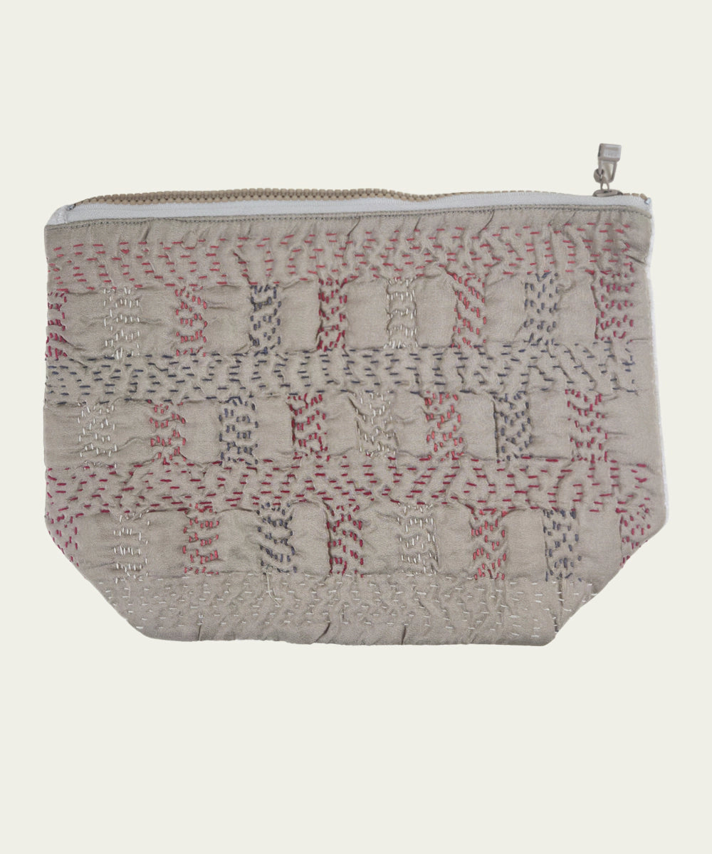 Greenish Beige Silk & Velvet Kantha Embroidered Utility Pouch