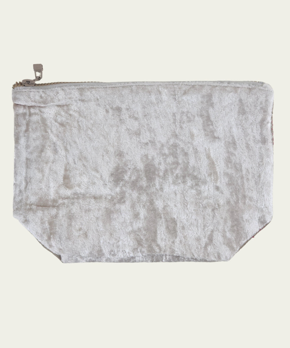 Greenish Beige Silk & Velvet Kantha Embroidered Utility Pouch