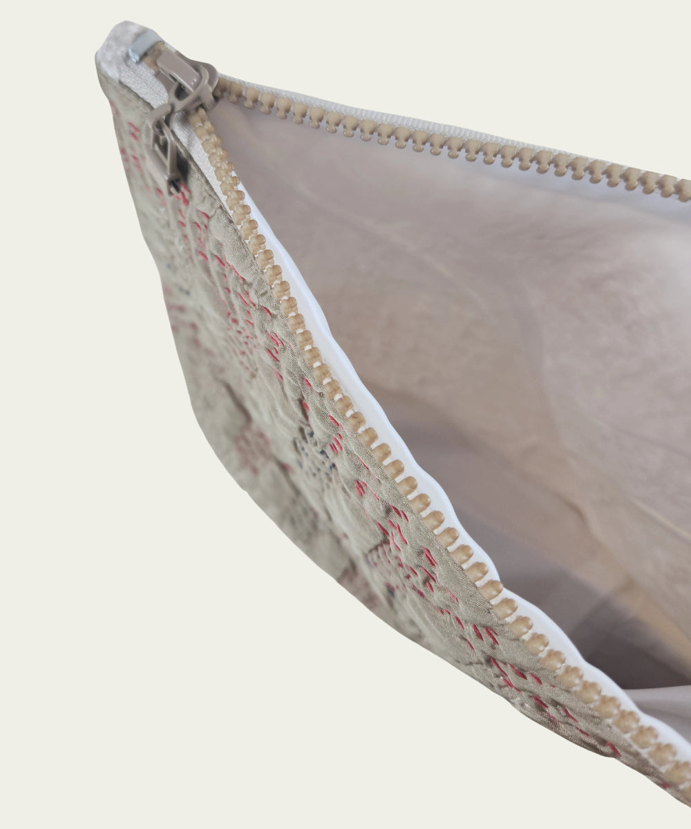 Greenish Beige Silk & Velvet Kantha Embroidered Utility Pouch