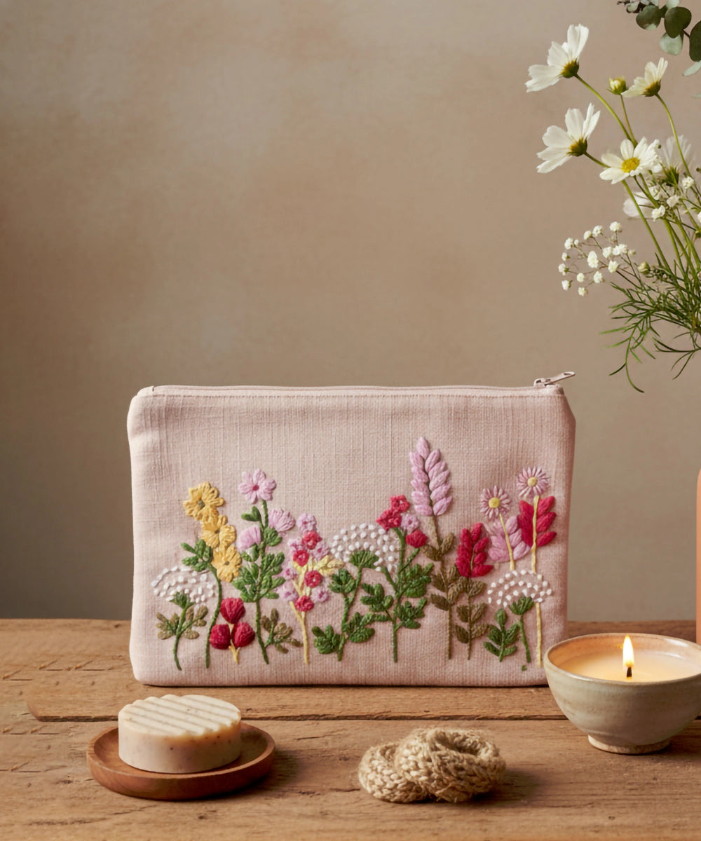 Peach Pink Hand Embroidered Cotton Utility Pouch