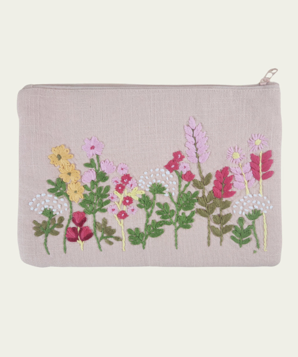 Peach Pink Hand Embroidered Cotton Utility Pouch