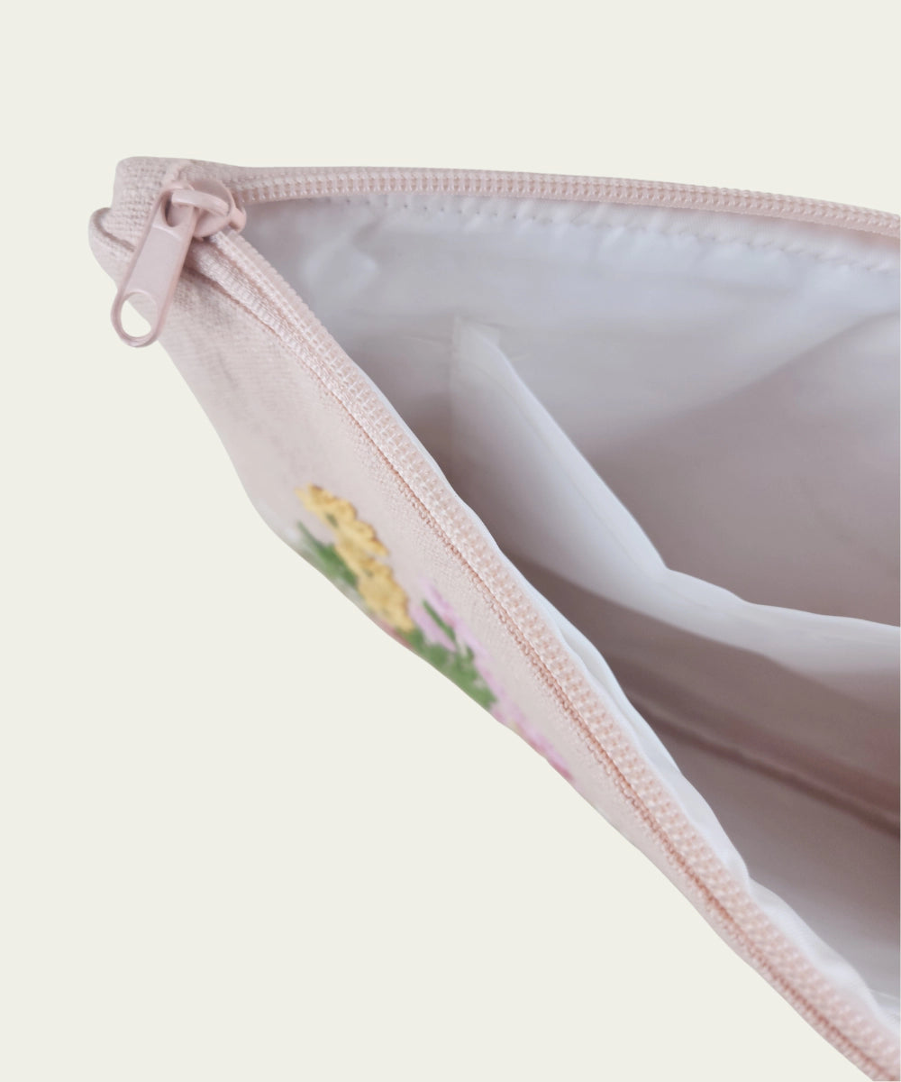Peach Pink Hand Embroidered Cotton Utility Pouch