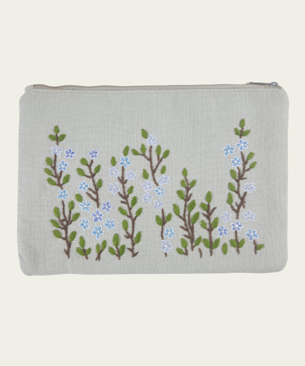 Beige Hand Embroidered Cotton Utility Pouch