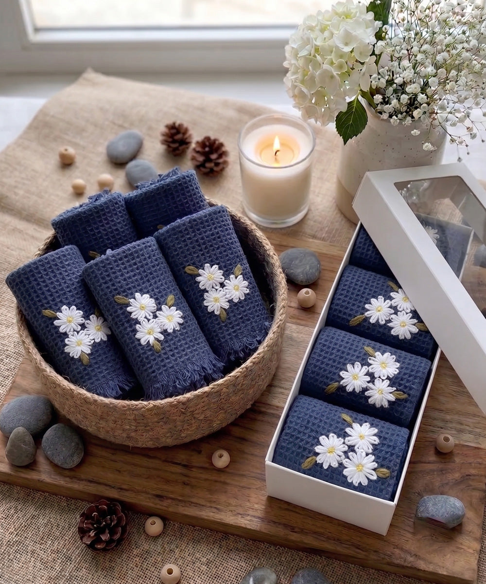 Embroidered Face Towel - Set of 4 pcs in Soft Cotton Waffle | Navy