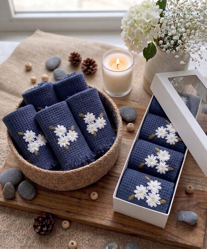 Embroidered Face Towel - Set of 4 pcs in Soft Cotton Waffle | Navy