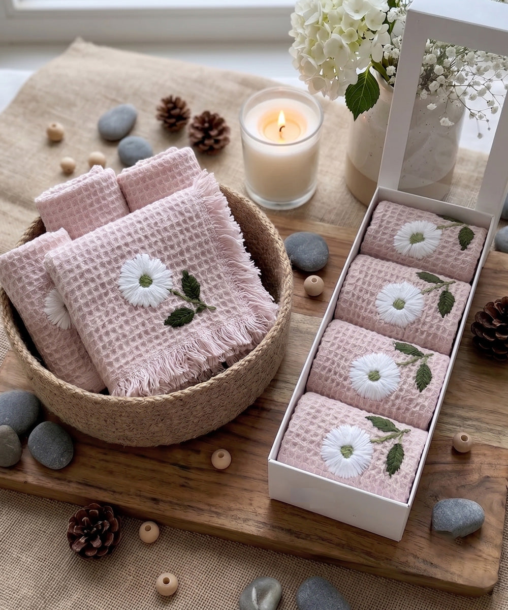 Embroidered Face Towel - Set of 4 pcs in Soft Cotton Waffle | Dusty Pink
