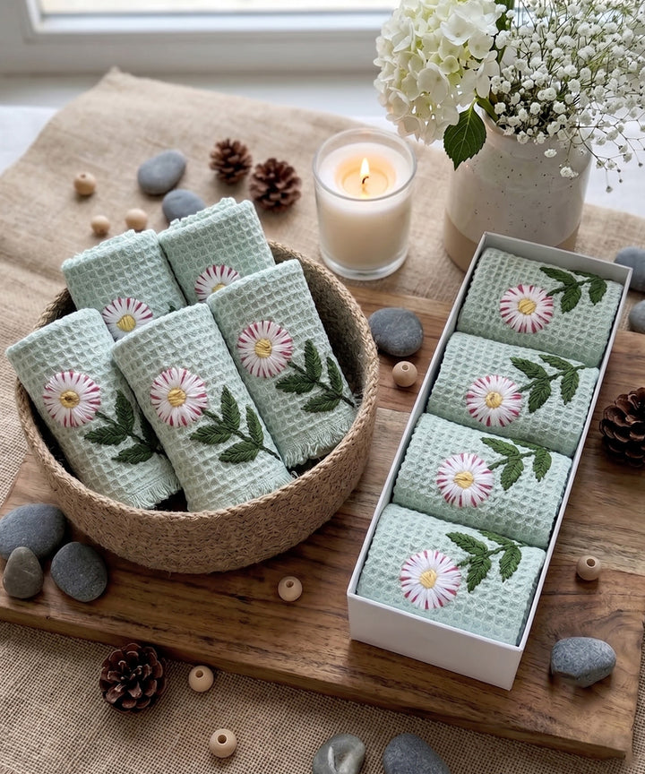 Embroidered Face Towel - Set of 4 pcs in Soft Cotton Waffle | Light Sage Green