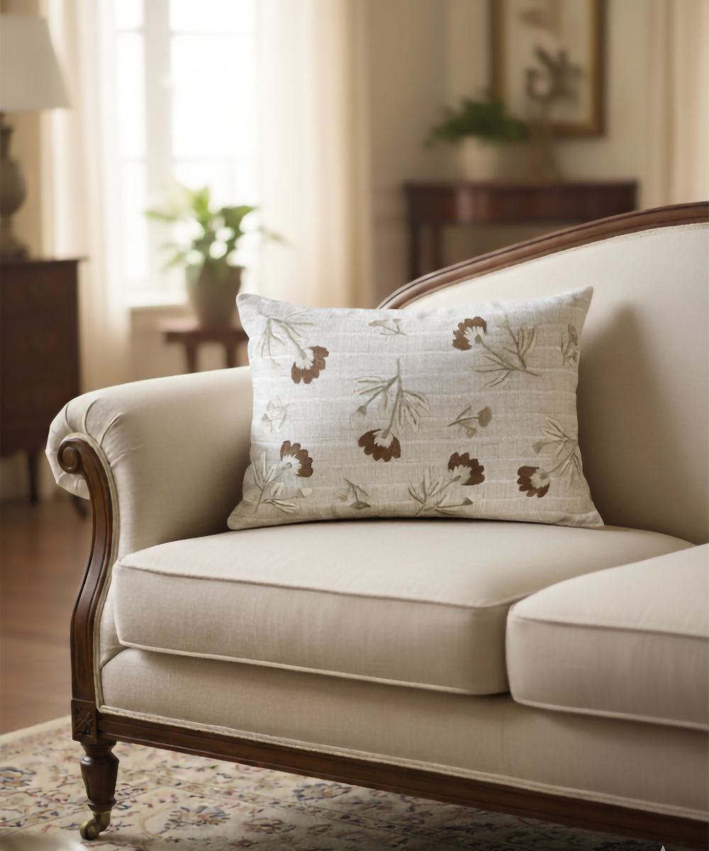 Light Beige & Brown Floral Whisper Hand Embroidered Cushion Cover (12x18 Inches)