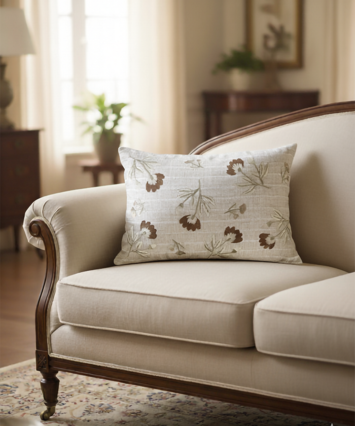 Light Beige & Brown Floral Whisper Hand Embroidered Cushion Cover (12x18 Inches)