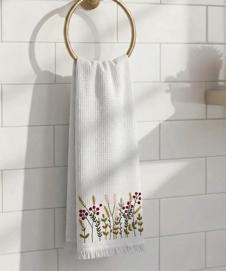 Embroidered Bath Towel | Soft Cotton Waffle | White
