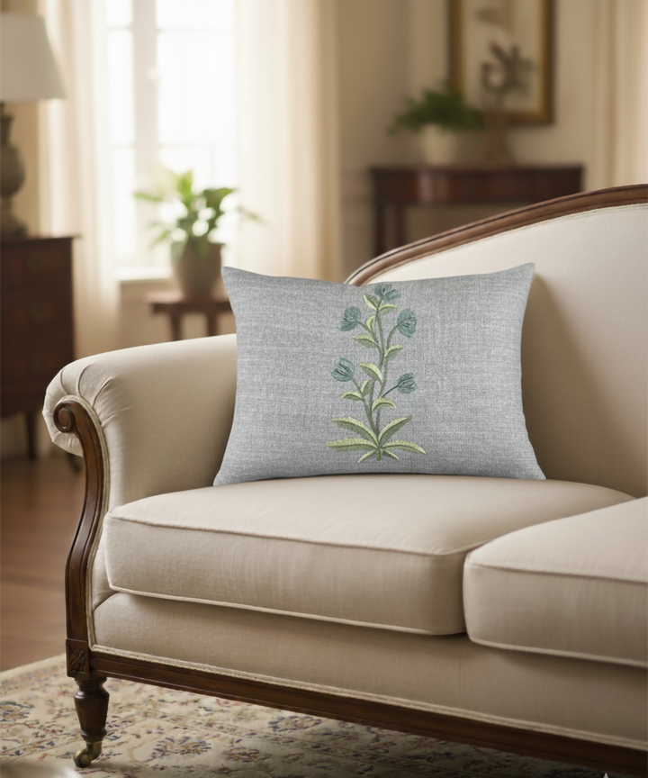 Heather Grey Floral Hand Embroidered Cushion Cover (12x18 Inches)