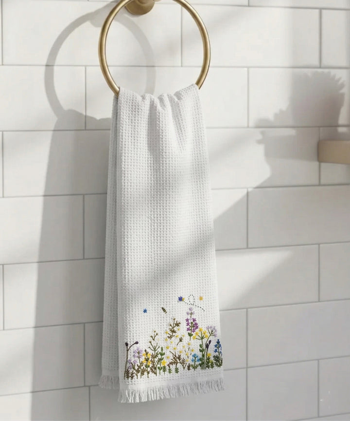 Embroidered Bath Towel | Soft Cotton Waffle | White