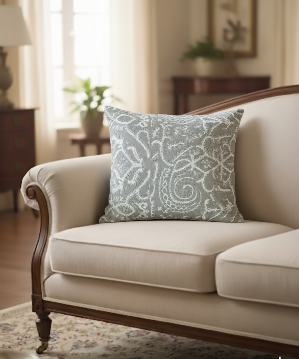 Greyish Green All Over Embroidered Cushion Cover (16x16 Inches)