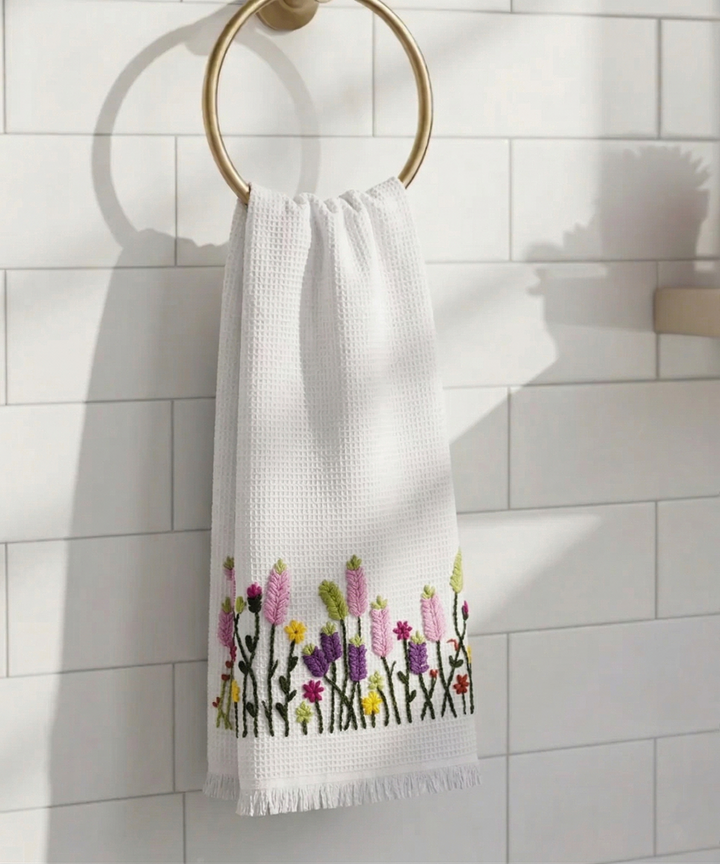 Embroidered Bath Towel | Soft Cotton Waffle | White