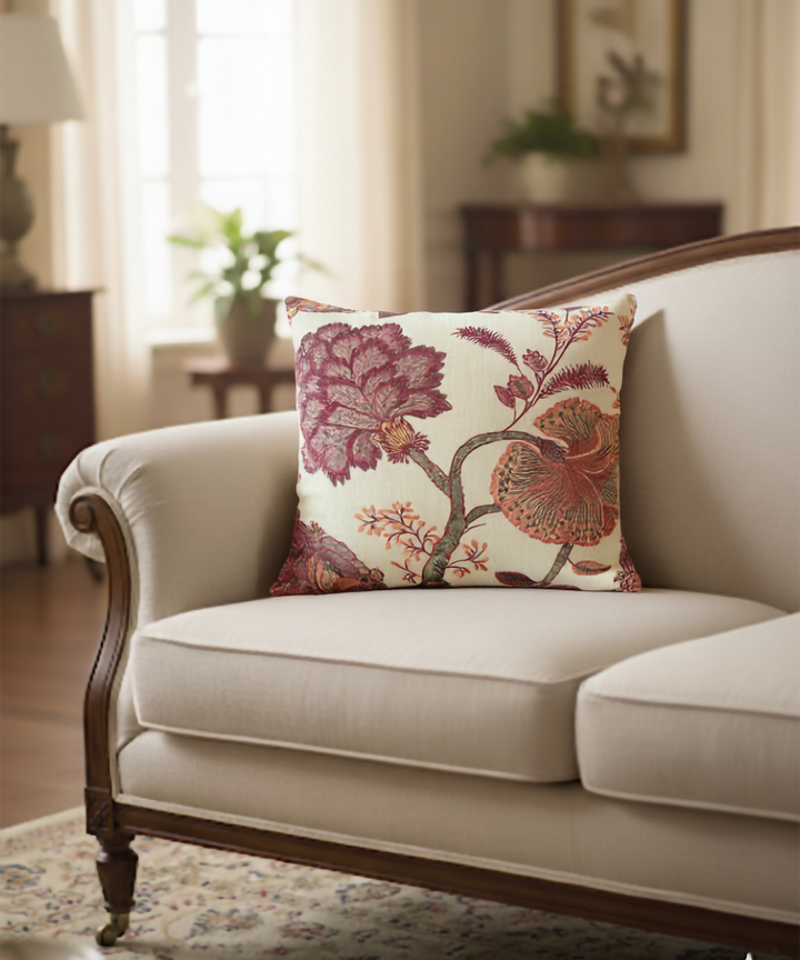 Beige Maroon Floral All over Embroidered Cushion Cover  (16x16 Inches)