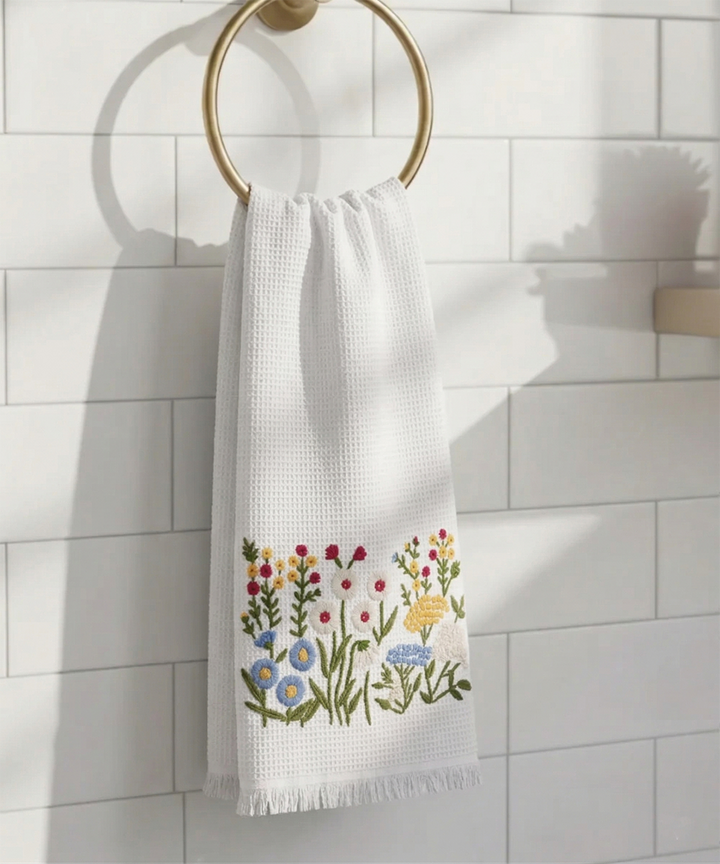 Embroidered Bath Towel | Soft Cotton Waffle | White