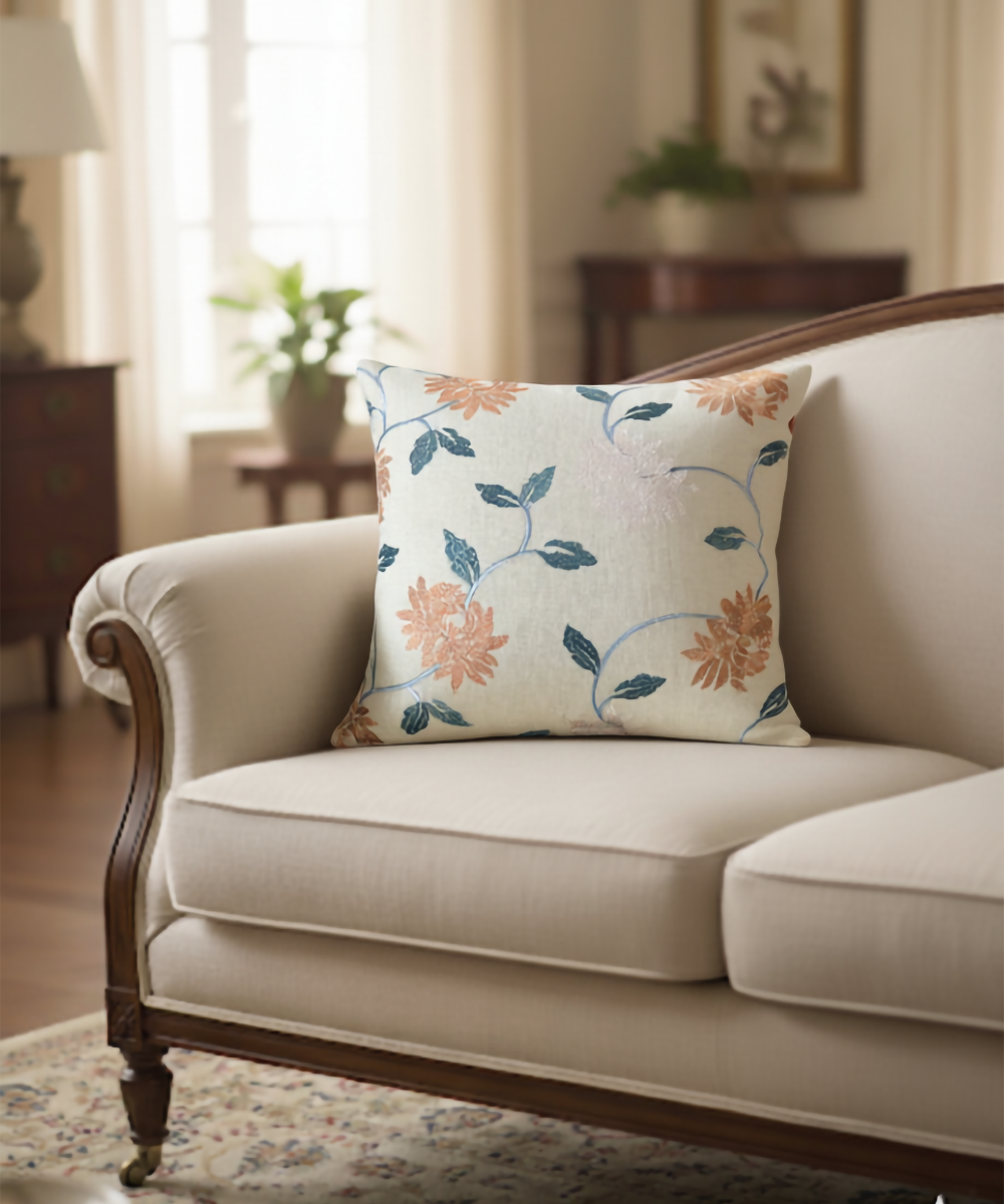 Beige Multi Embroidered All over Cushion Cover (16x16 Inches)