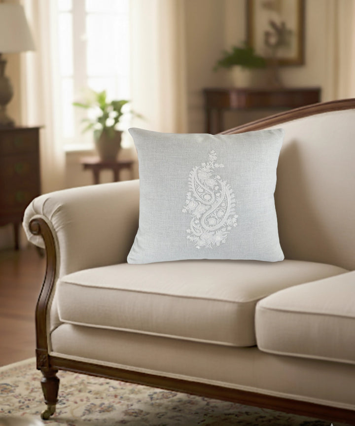 Light Beige Ecru Double Paisley Embroidered Herringbone Cotton Cushion Cover (16x16 Inches)