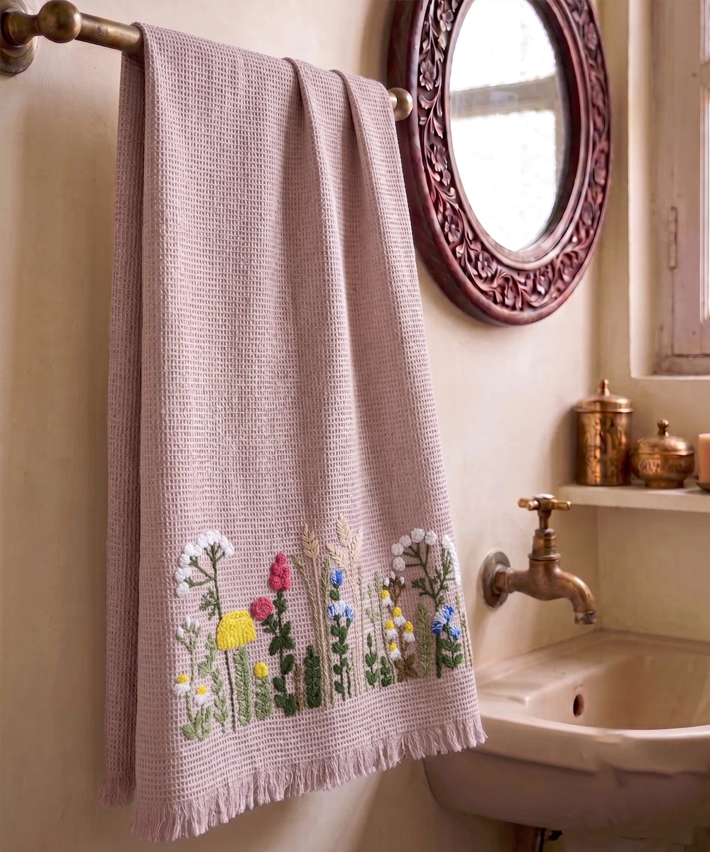 Embroidered Bath Towel | Cotton Waffle | Boho Bloom Dusty Pink