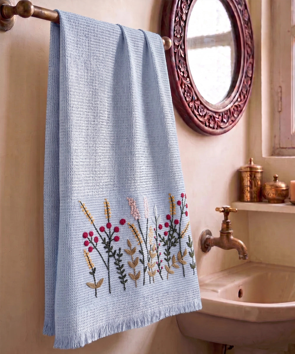 Embroidered Bath Towel | Soft Cotton Waffle | Purplish Blue