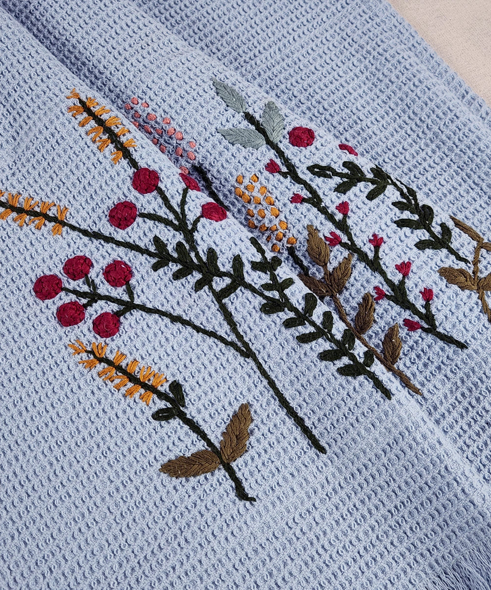 Embroidered Bath Towel | Soft Cotton Waffle | Purplish Blue