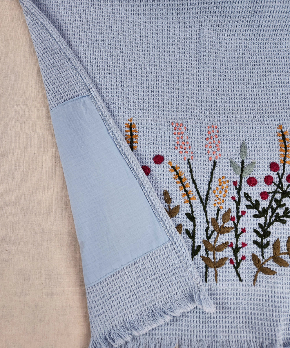 Embroidered Bath Towel | Soft Cotton Waffle | Purplish Blue