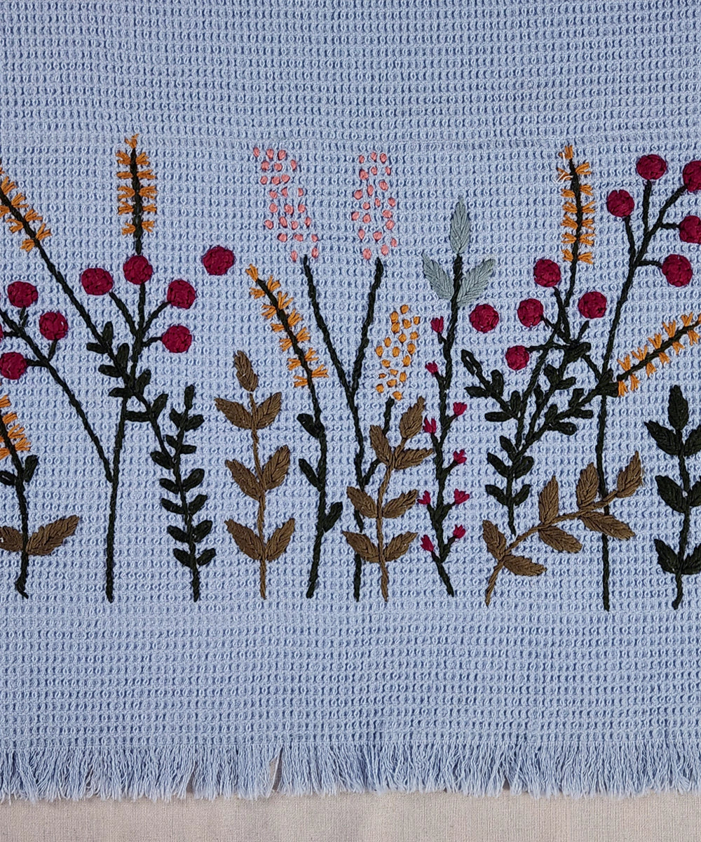 Embroidered Bath Towel | Soft Cotton Waffle | Purplish Blue