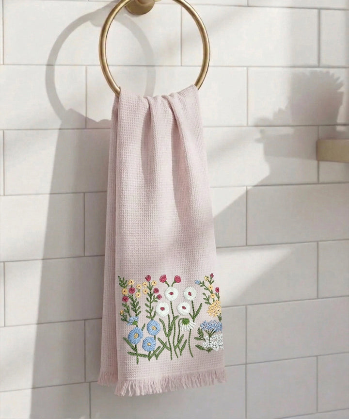 Embroidered Bath Towel | Soft Cotton Waffle | Dusty Pink