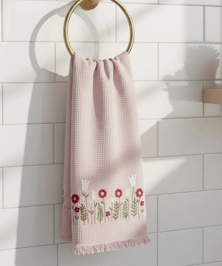 Embroidered Bath Towel | Soft Cotton Waffle | Dusty Pink