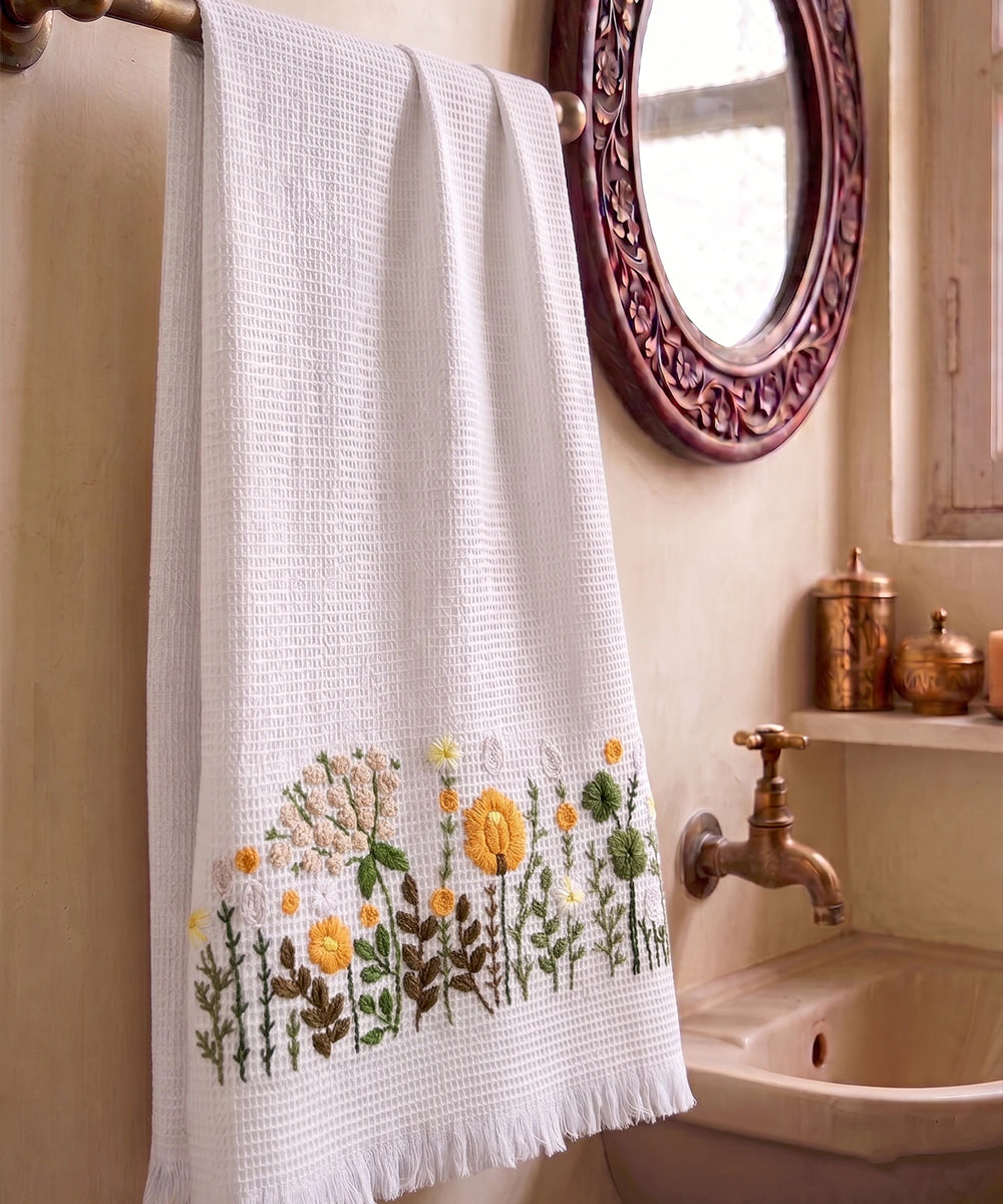 Embroidered Bath Towel | Soft Cotton Waffle | Saffron Sprint Off White