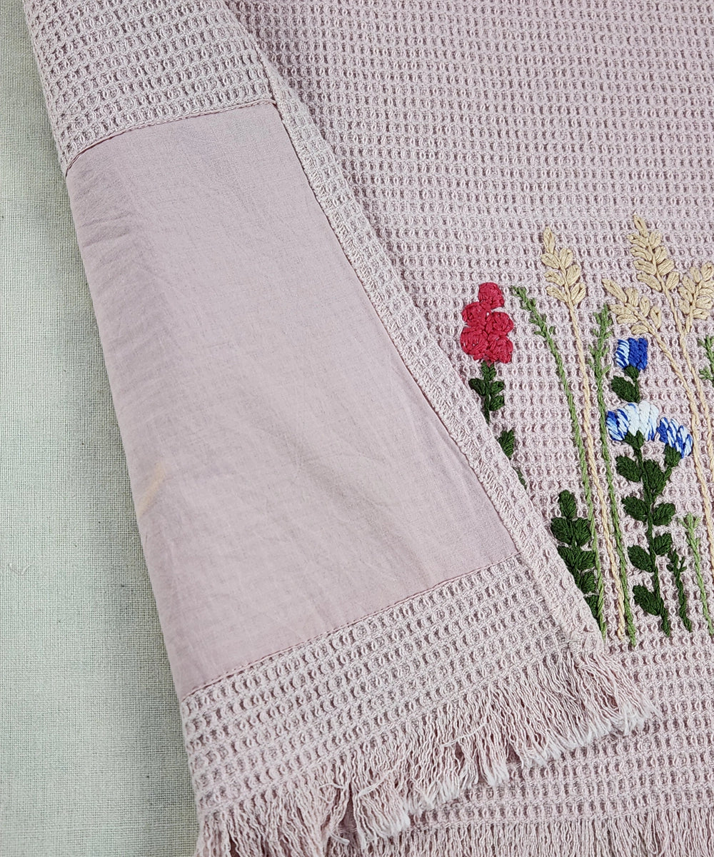Embroidered Bath Towel | Cotton Waffle | Boho Bloom Dusty Pink
