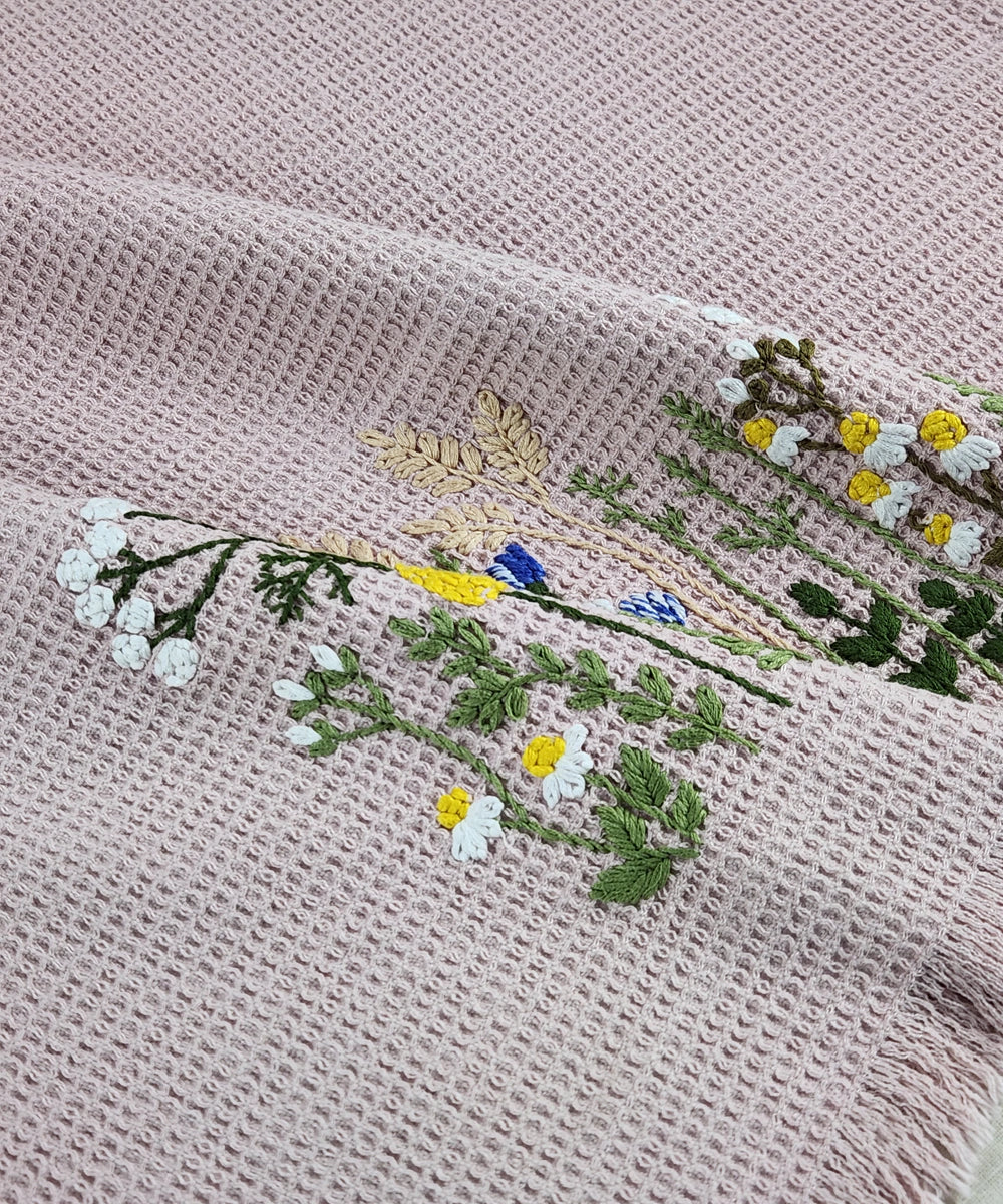 Embroidered Bath Towel | Cotton Waffle | Boho Bloom Dusty Pink