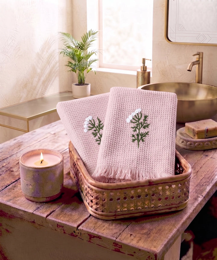 Embroidered Hand Towel - Set of 2 pcs in Cotton Waffle | Boho Bloom Dusty Pink
