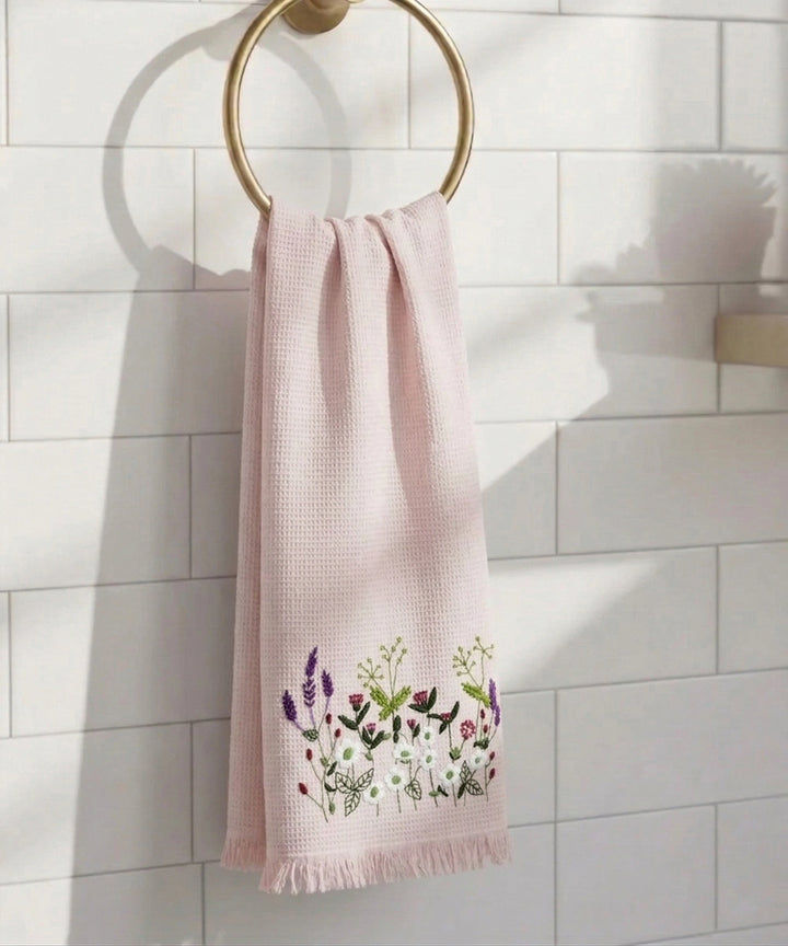 Embroidered Bath Towel | Soft Cotton Waffle | Dusty Pink