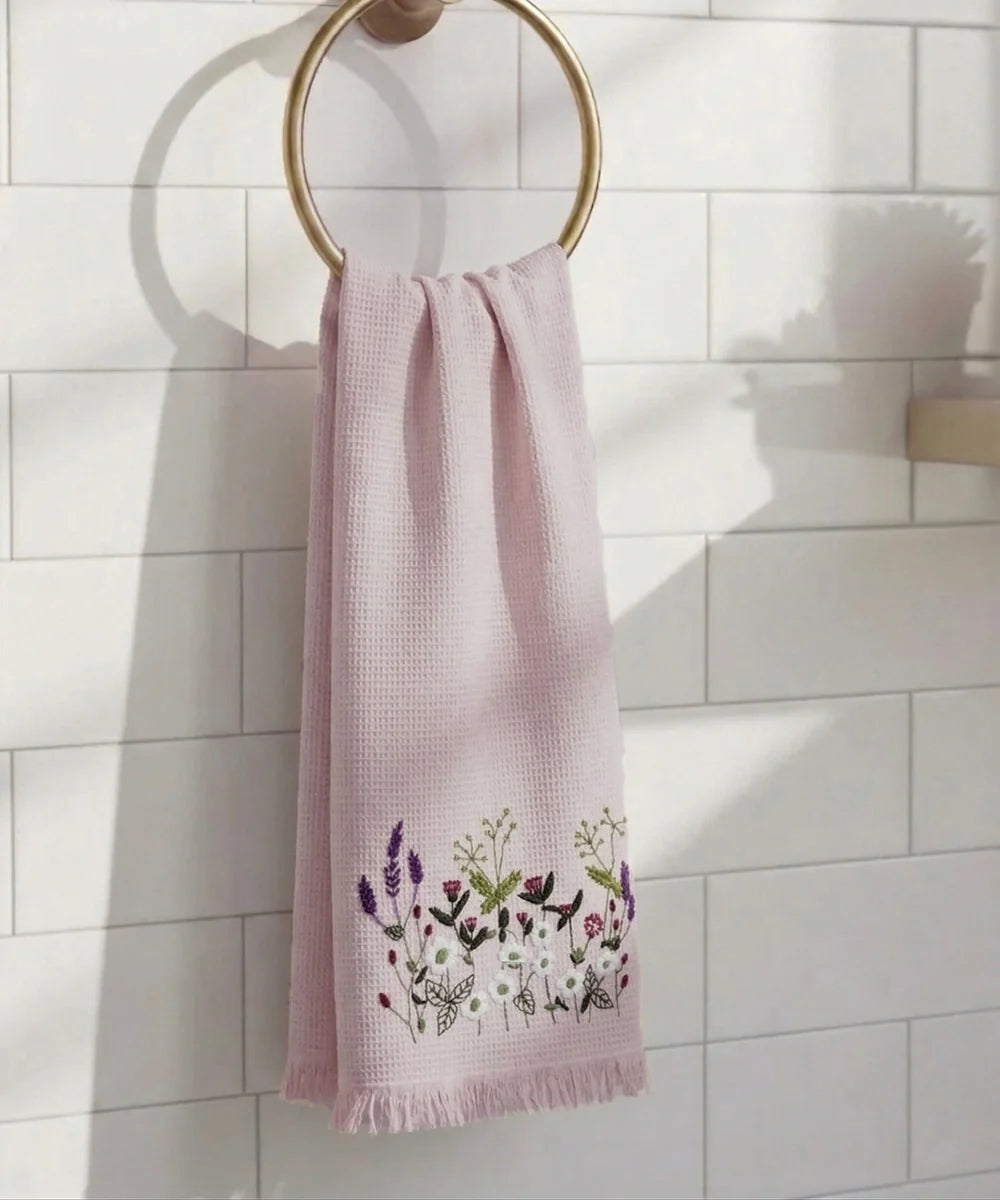 Embroidered Bath Towel | Soft Cotton Waffle | Dusty Pink