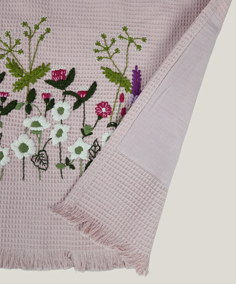 Embroidered Bath Towel | Soft Cotton Waffle | Dusty Pink