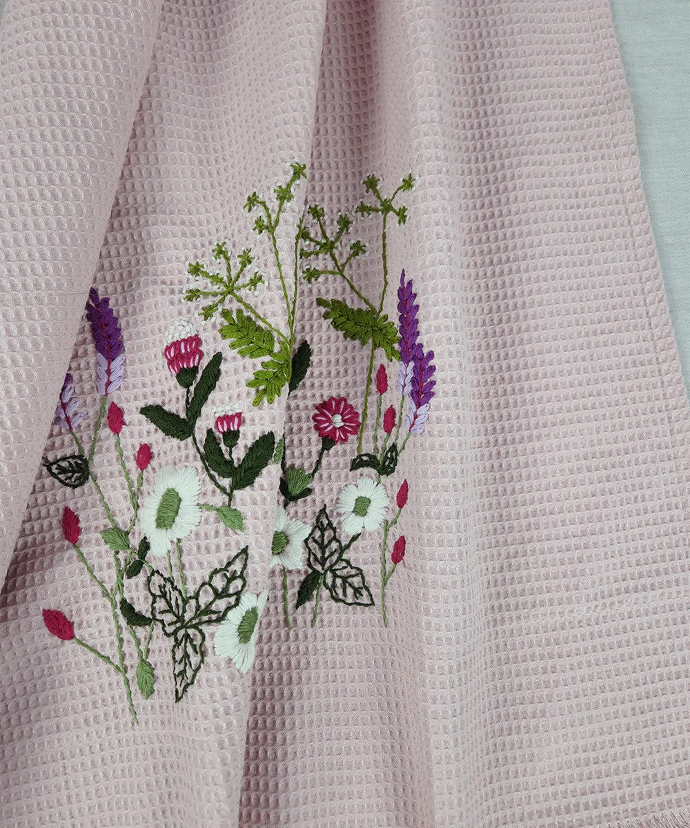 Embroidered Bath Towel | Soft Cotton Waffle | Dusty Pink
