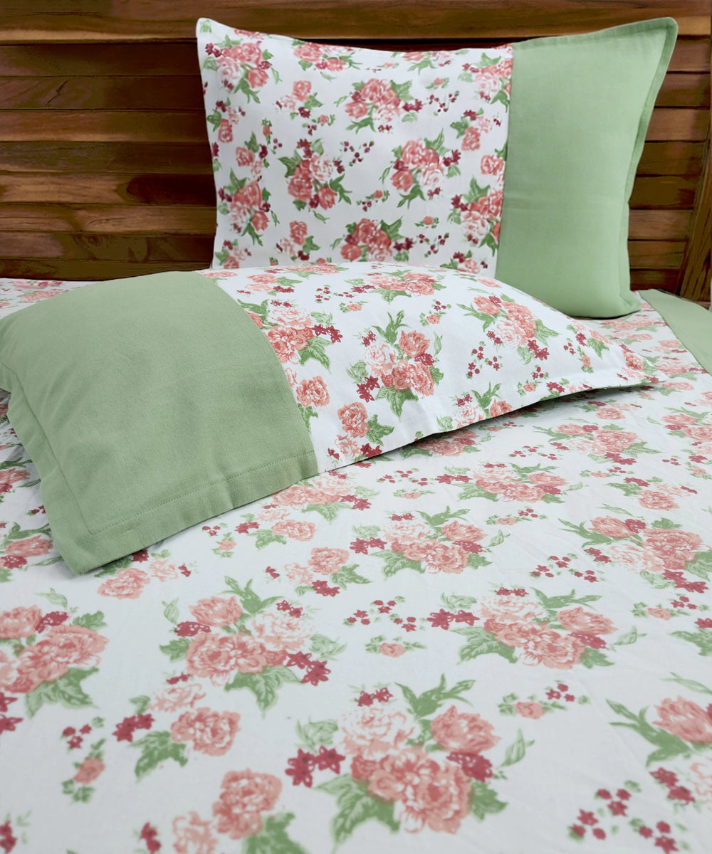 Off White & Green Floral Printed Cotton Bedcover with 2 Pillow Cases