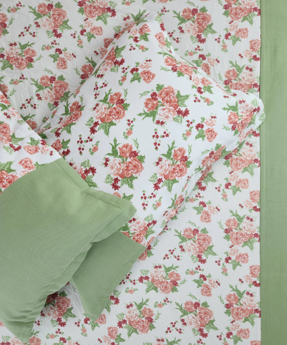 Off White & Green Floral Printed Cotton Bedcover with 2 Pillow Cases