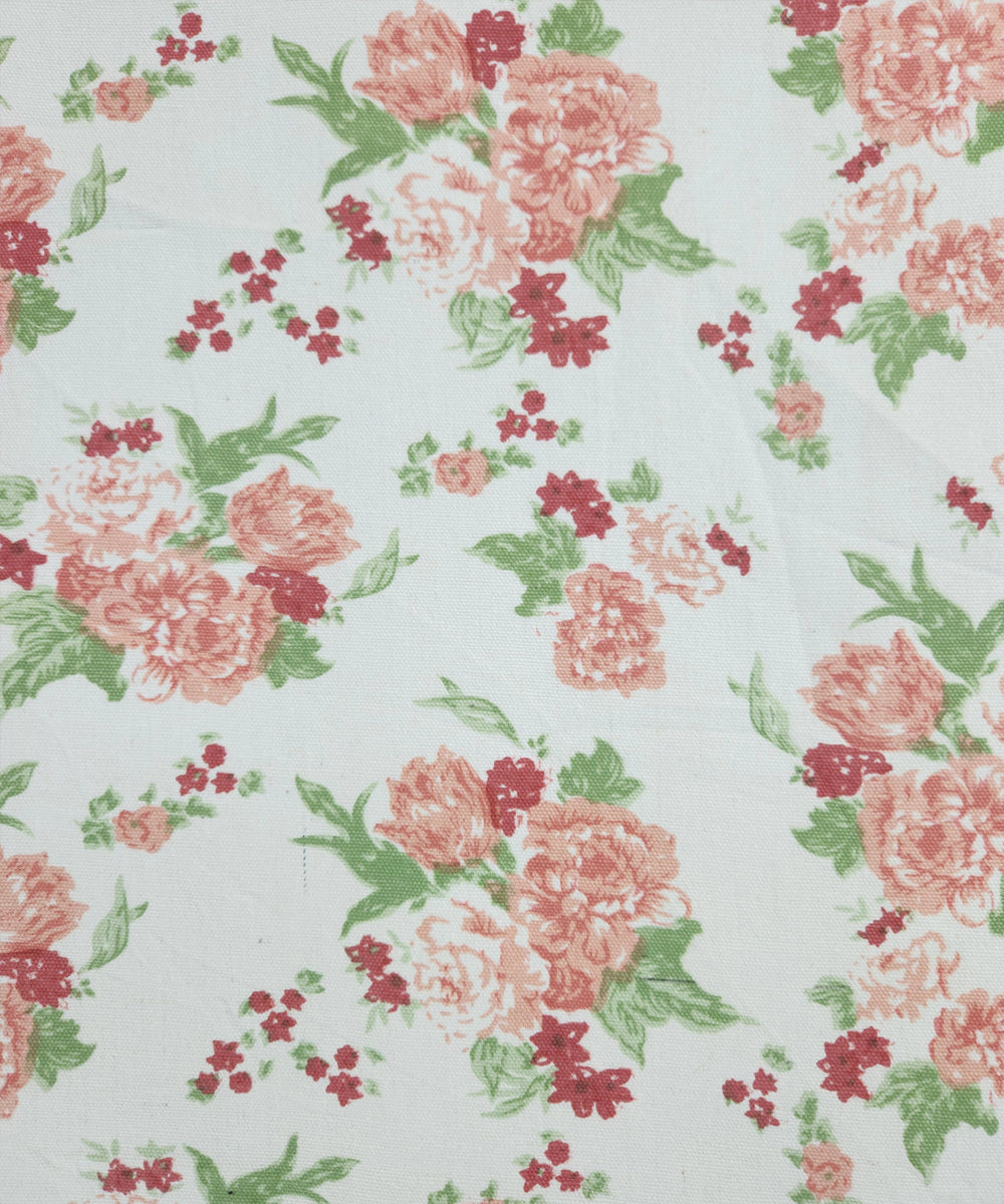 Off White & Green Floral Printed Cotton Bedcover with 2 Pillow Cases