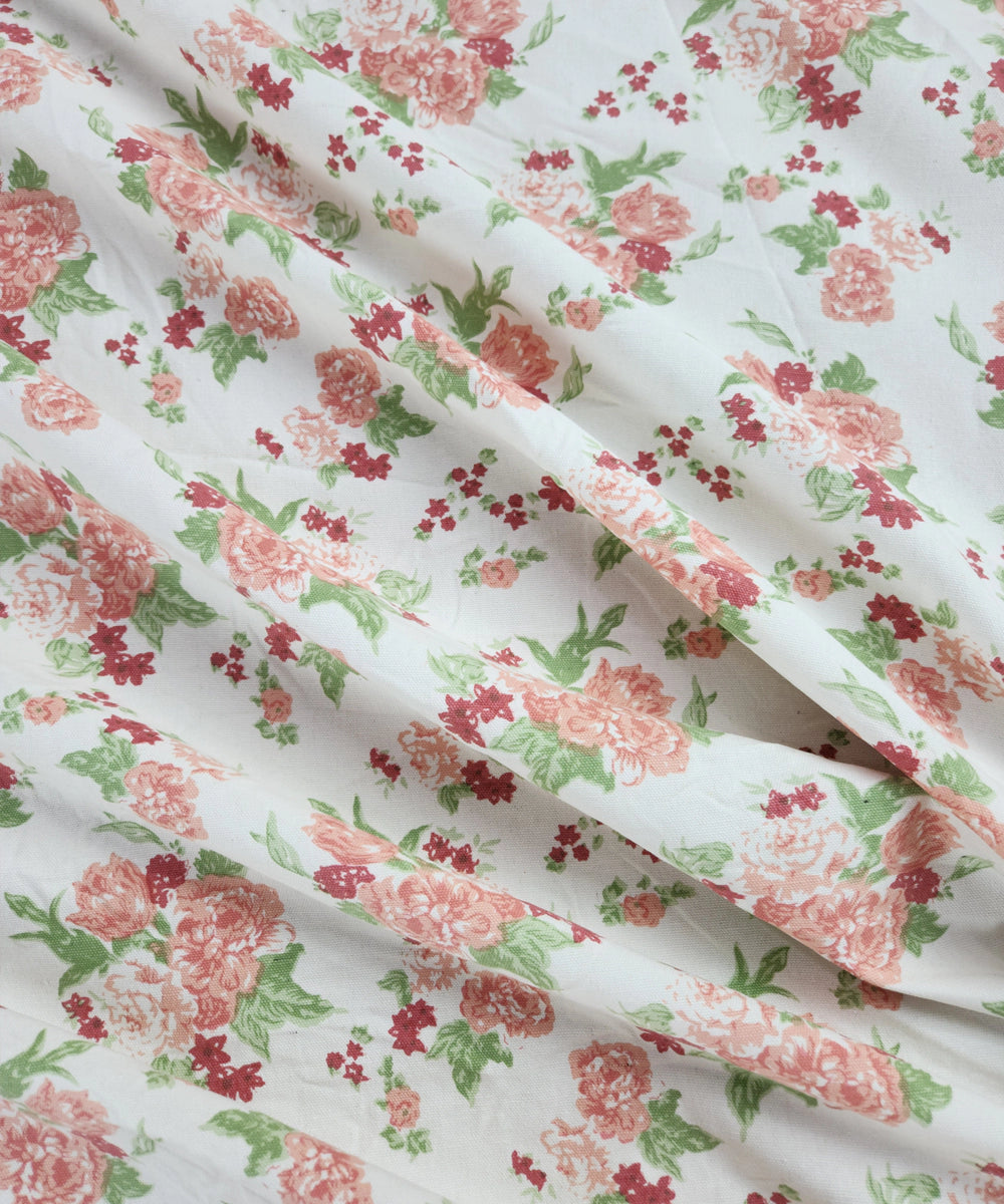 Off White & Green Floral Printed Cotton Bedcover with 2 Pillow Cases
