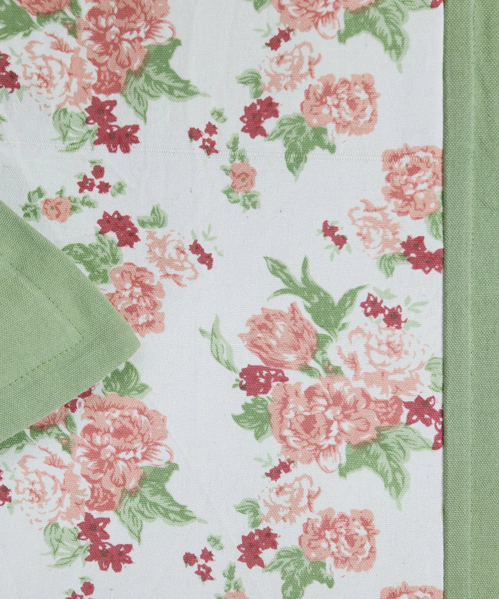 Off White & Green Floral Printed Cotton Bedcover with 2 Pillow Cases
