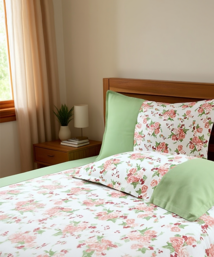 Off White & Green Floral Printed Cotton Bedcover with 2 Pillow Cases