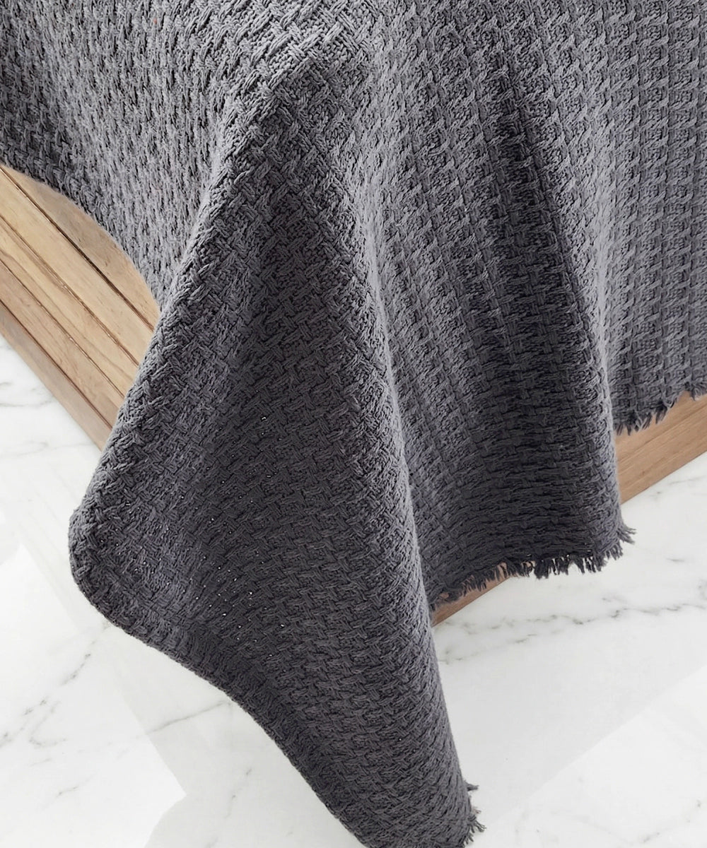 Dark Grey Cotton Waffle Bedcover with 2 Pillow Cases