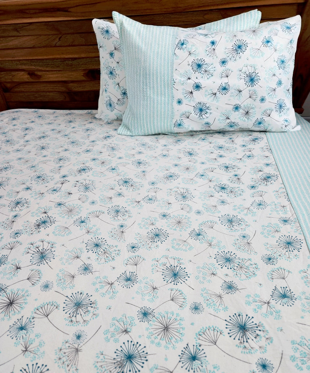 Sky Blue Printed & Stripes Cotton Bedcover with 2 Pillow Covers