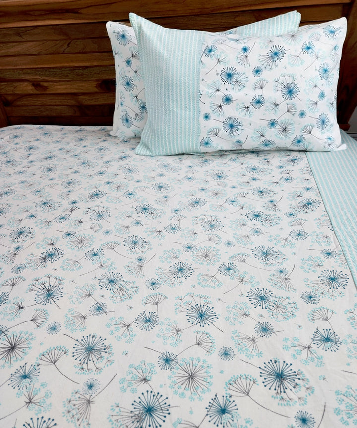 Sky Blue Printed & Stripes Cotton Bedcover with 2 Pillow Covers